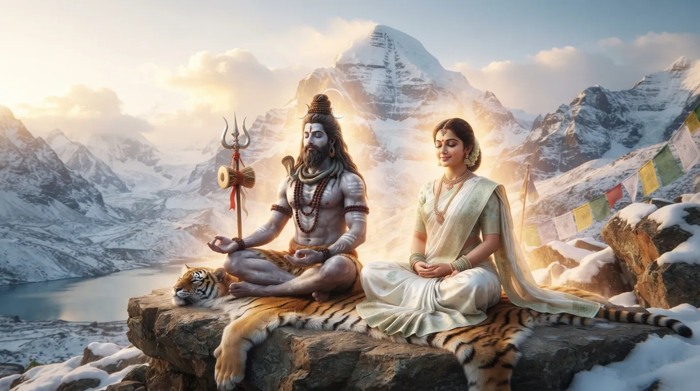 Serene image of Lord Shiva and Goddess Parvati in deep meditation together on Mount Kailash.