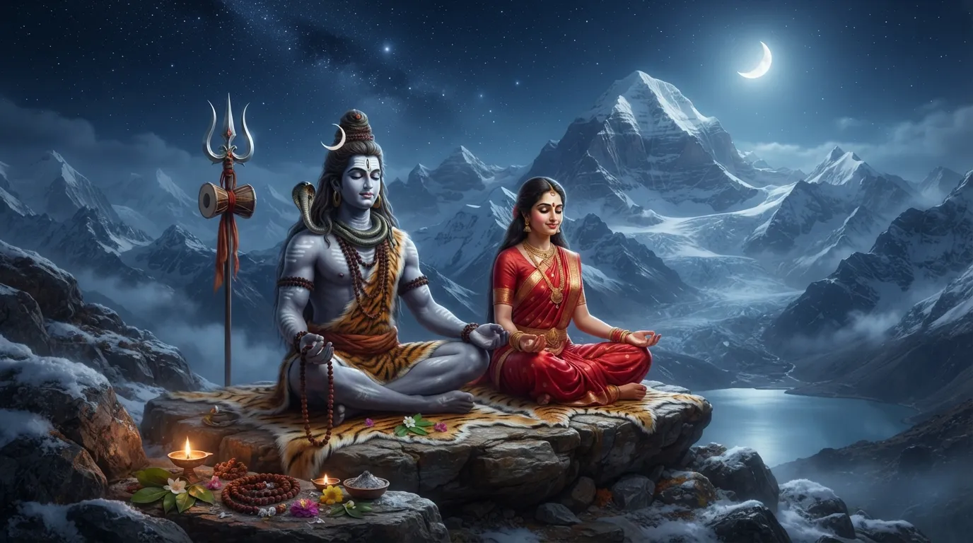 Meditative Shiv Parvati Shivratri images in snow mountain background.