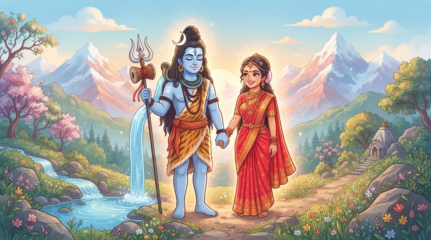 A vibrant cartoon image of Lord Shiva and Goddess Parvati standing together, smiling warmly. Shiva has blue skin, and Parvati wears traditional red attire, all in a friendly, modern digital art style.
