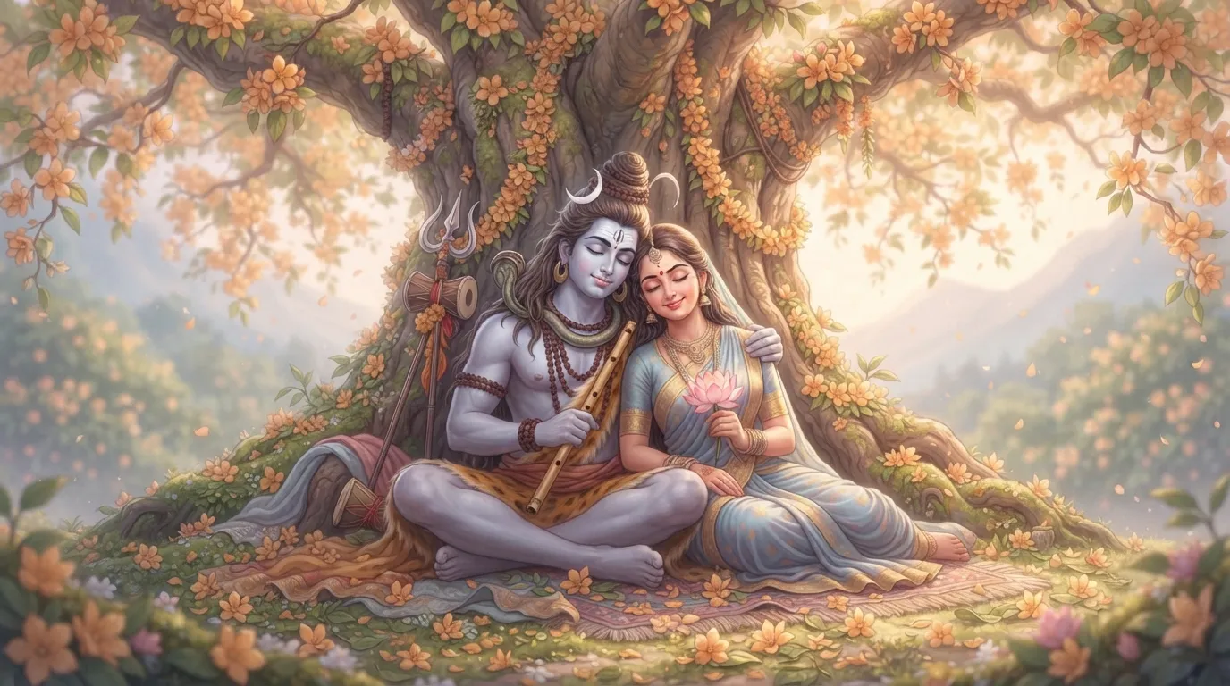 A cute cartoon image of Lord Shiva and Goddess Parvati resting peacefully under a tree, symbolizing tranquil divinity. Shiv holds a flute, and Parvati leans against his shoulder.
