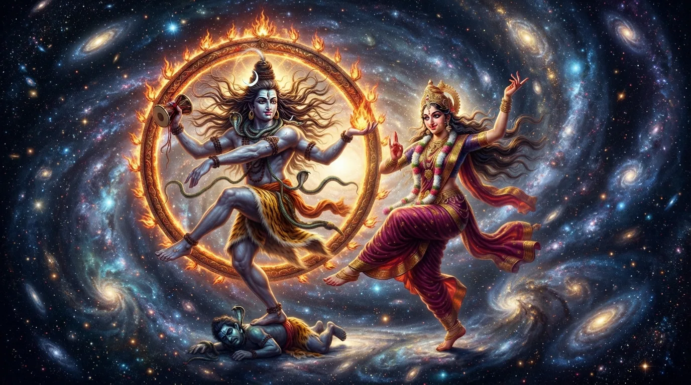 A dynamic image of Shiv Parvati performing the Tandava dance, symbolizing the cosmic cycle of creation and destruction.