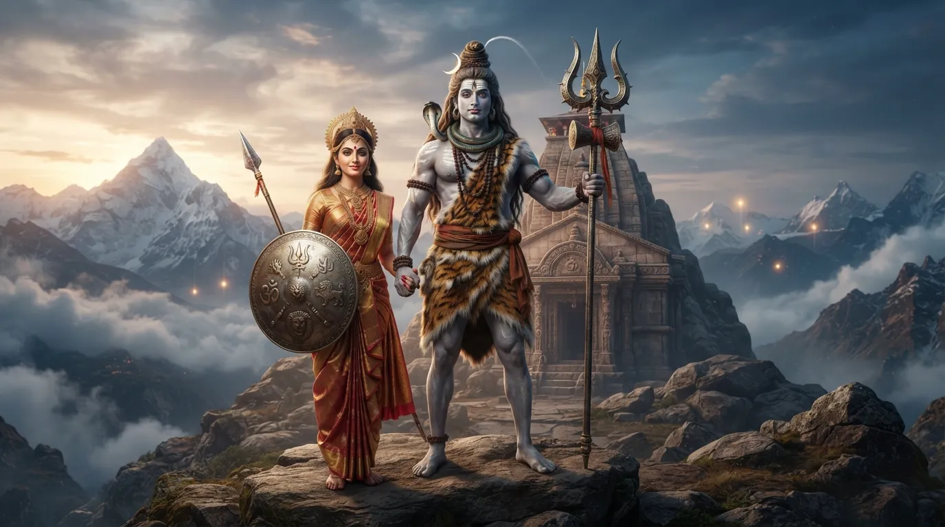 A powerful image of Shiv and Parvati in a protective posture. Shiv is seen holding a trident, while Parvati is holding a shield. This image is a perfect representation of the role of gods as protectors of the world.