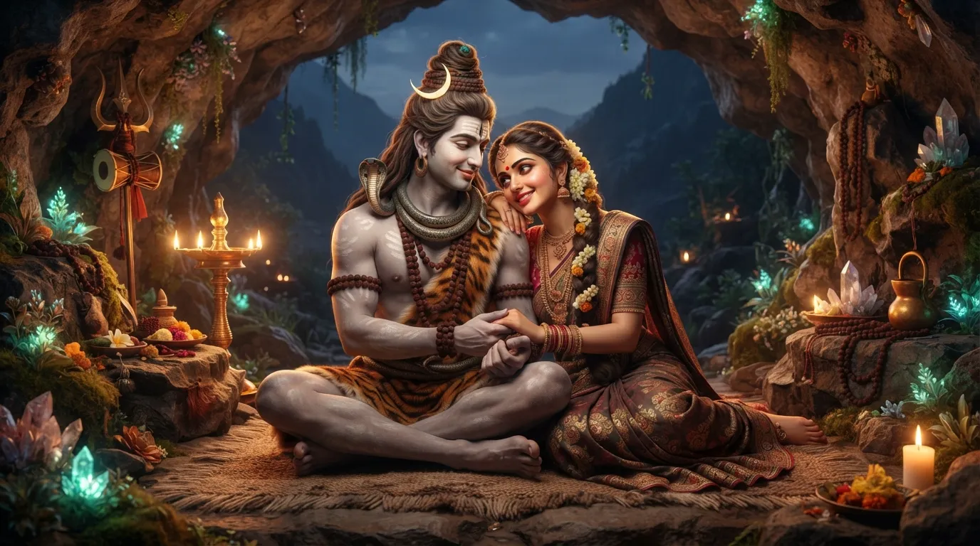 A heartwarming image of Lord Shiva and Goddess Parvati sharing a loving glance and gentle touch.