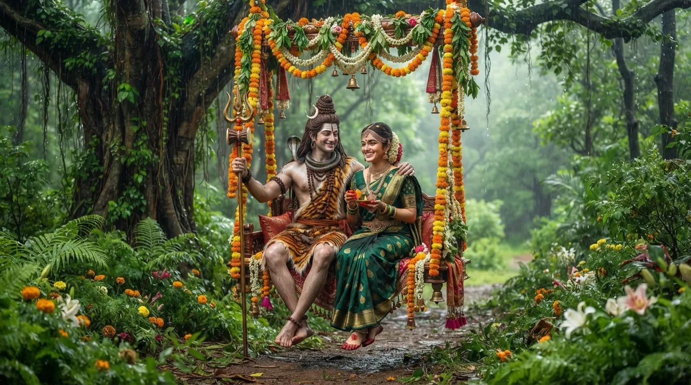 Lord Shiv and Parvati on a flower swing in Sawan forest