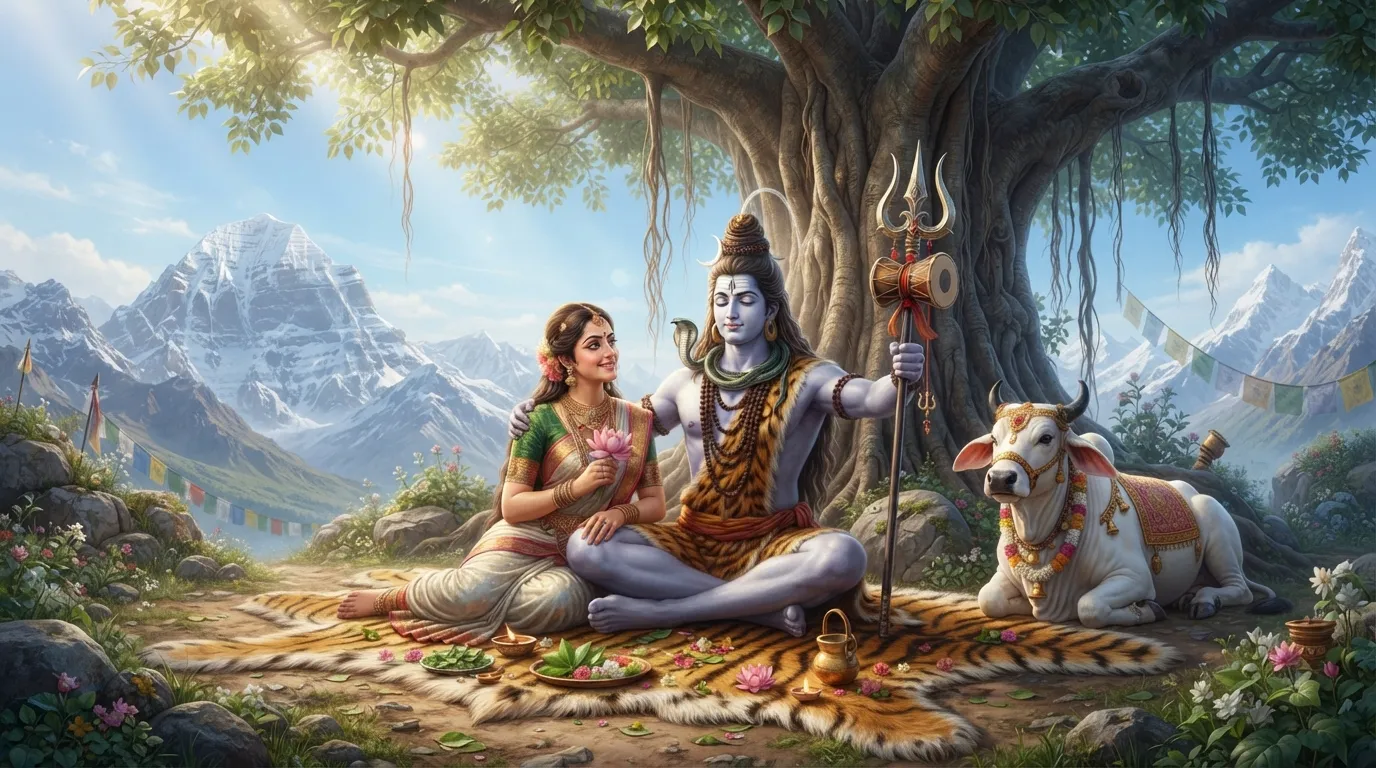 Lord Shiva holding his Trishul sitting calmly with Goddess Parvati in their Himalayan home.