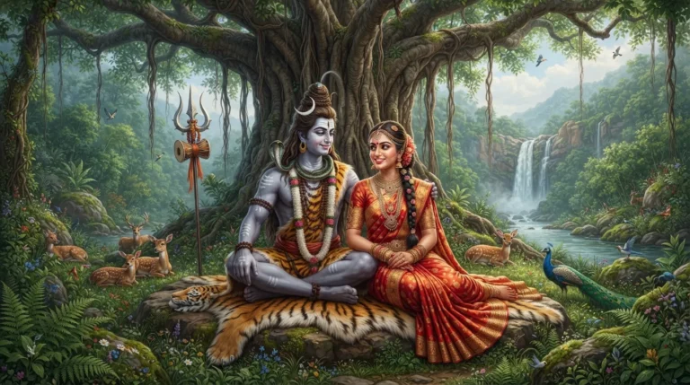 Beautiful HD wallpaper of Shiv Parvati sitting peacefully together.