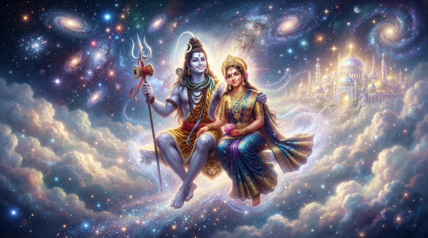 Majestic image depicting Lord Shiva and Goddess Parvati ascending towards a radiant celestial realm (heaven/Swarga).
