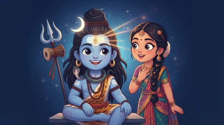 A friendly cartoon image of Lord Shiva with a simplified, subtle representation of his 'third eye' (Trinetra). Goddess Parvati is looking on with wonder.