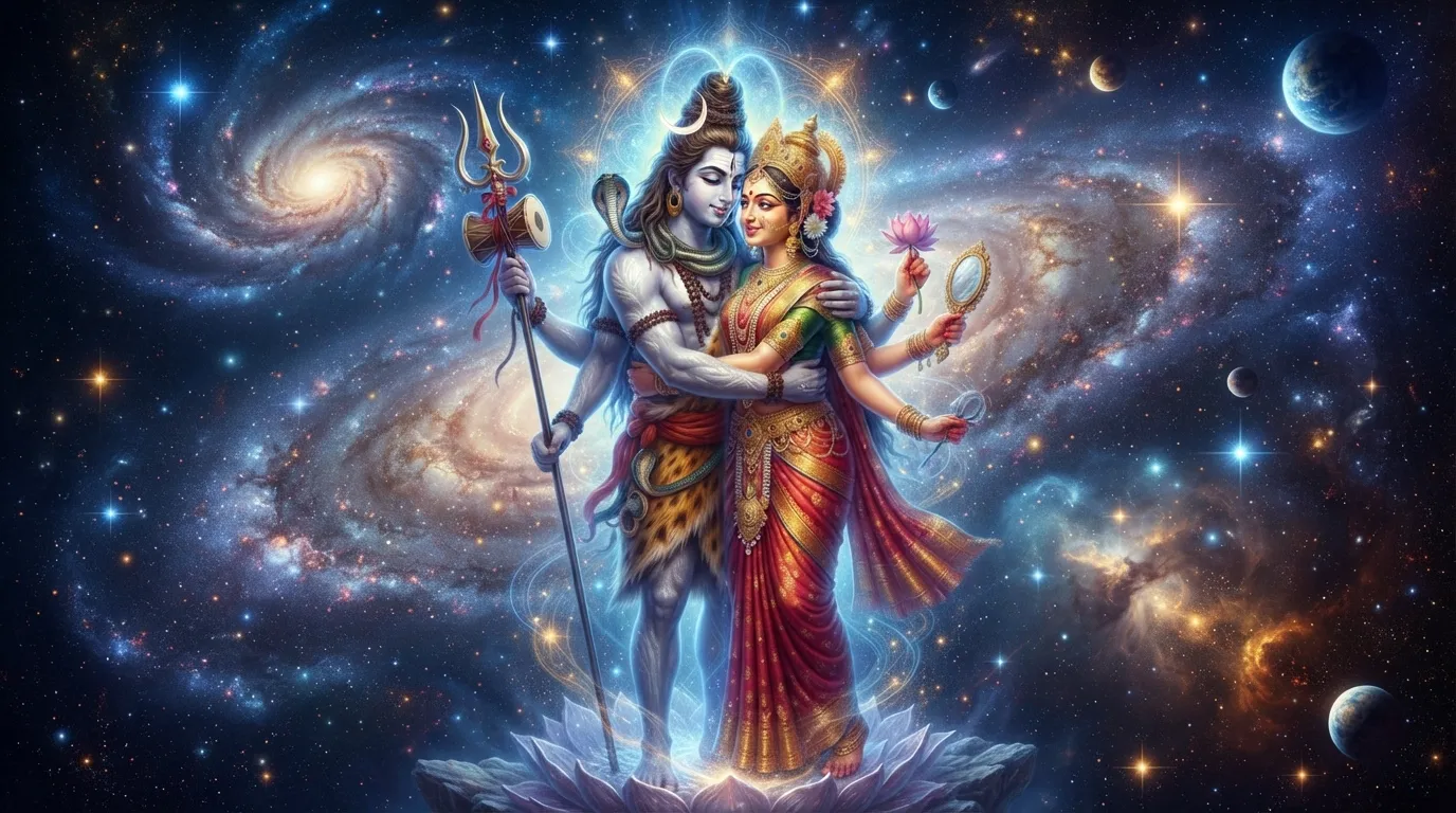 A beautiful image of Shiv and Parvati in a tight embrace, representing the union of pure consciousness and primal energy. They are depicted in a celestial setting, with stars and galaxies in the background.