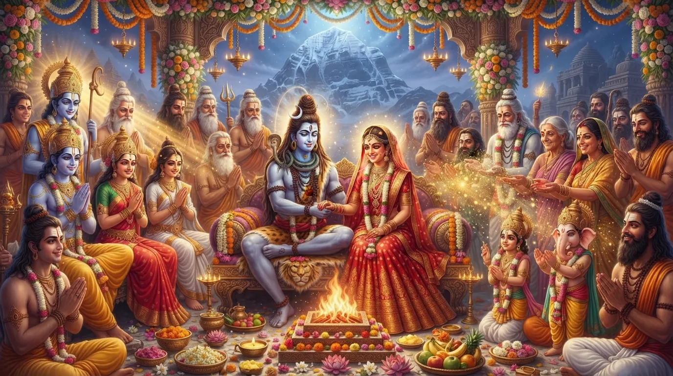 Bhagwan Shiv aur Mata Parvati ke vivah ke samay sabhi logon ka ashirwad, jo unke milan ki pawan khushi ko dikha raha hai.