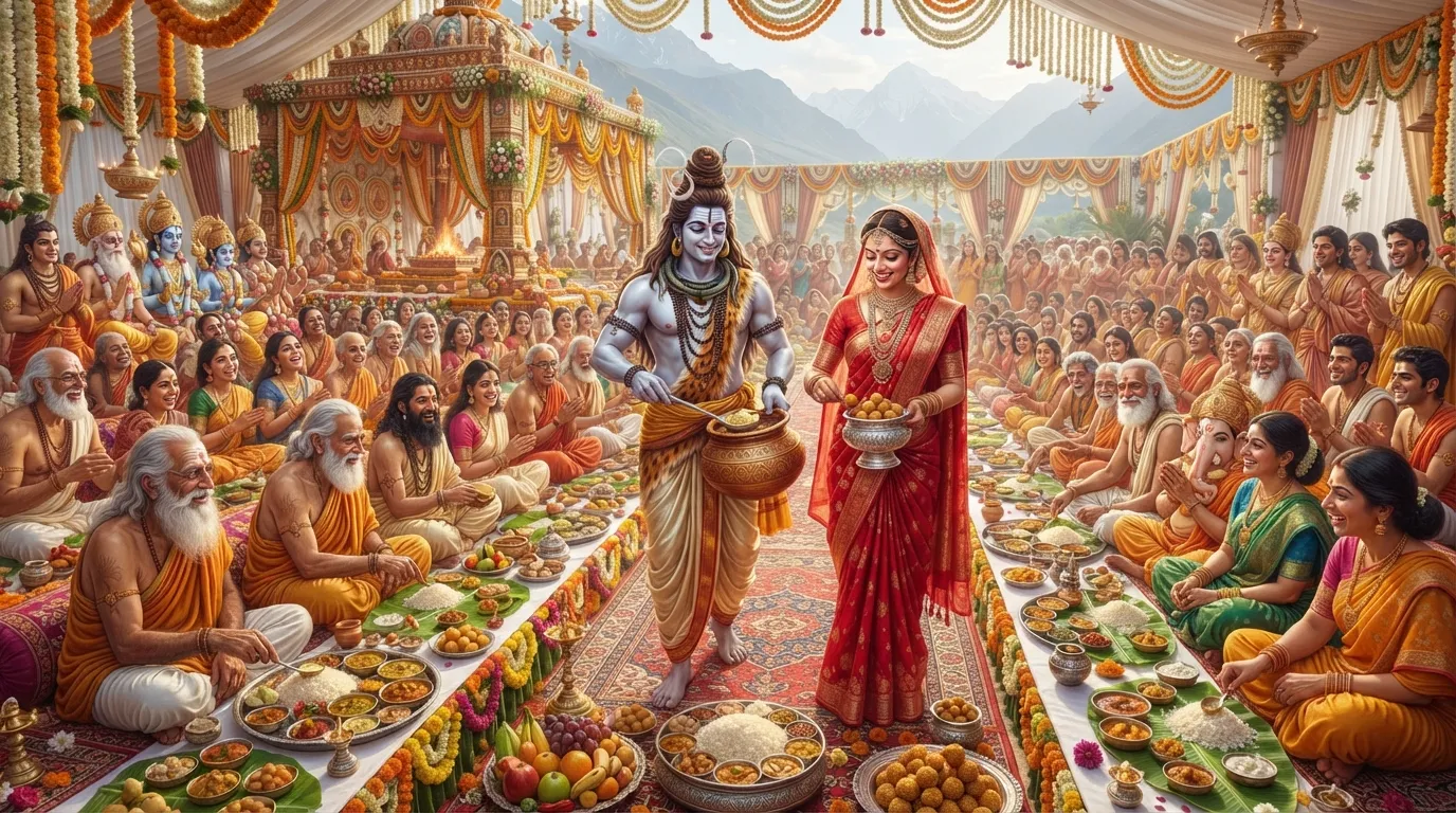 Bhagwan Shiv aur Mata Parvati ke vivah ka bhojan samaroh, jahan sabhi log prasanna hai.