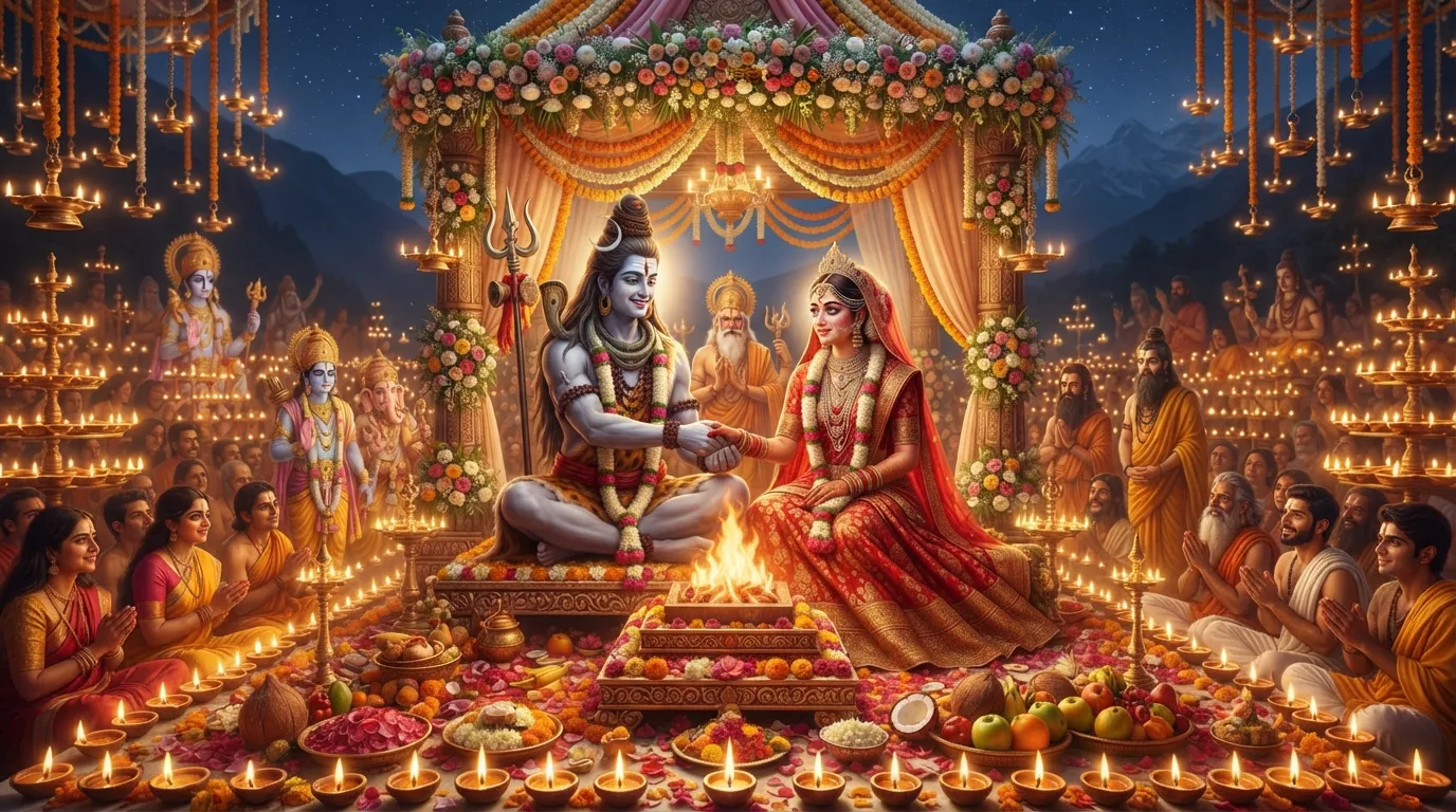 Bhagwan Shiv aur Mata Parvati ke vivah ke samay deepotsav, jo unke milan ki pawan khushi ko dikha raha hai.