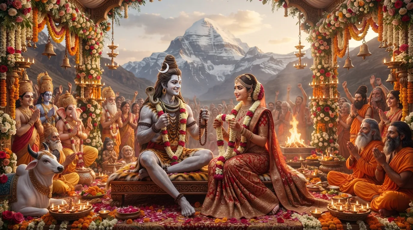 Bhagwan Shiv aur Mata Parvati ke vivah mandap ki sundar tasveer.