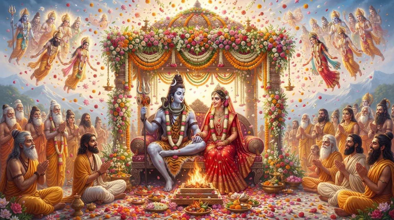 Bhagwan Shiv aur Mata Parvati ke vivah par aasman se phoolon ki varsha, jo unke milan ki khushi ko dikha rahi hai.