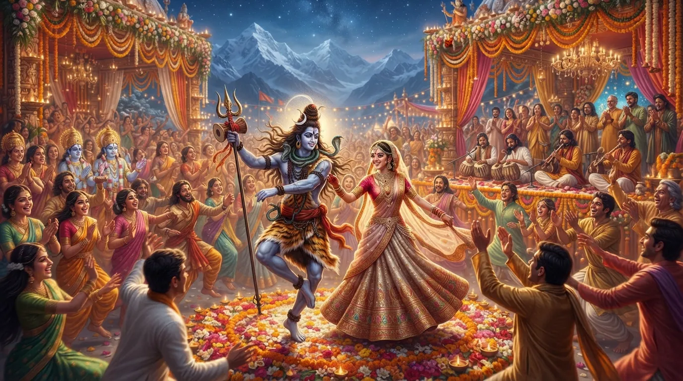Bhagwan Shiv aur Mata Parvati ke vivah ka sangeet samaroh, jahan sabhi log prasanna hai.