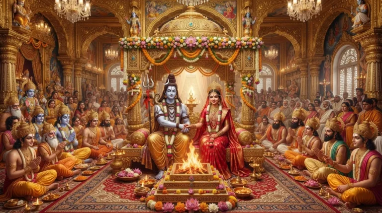 Bhagwan Shiv aur Mata Parvati ke vivah ka shahi darbar, jahan unka vivah sampann ho raha hai.