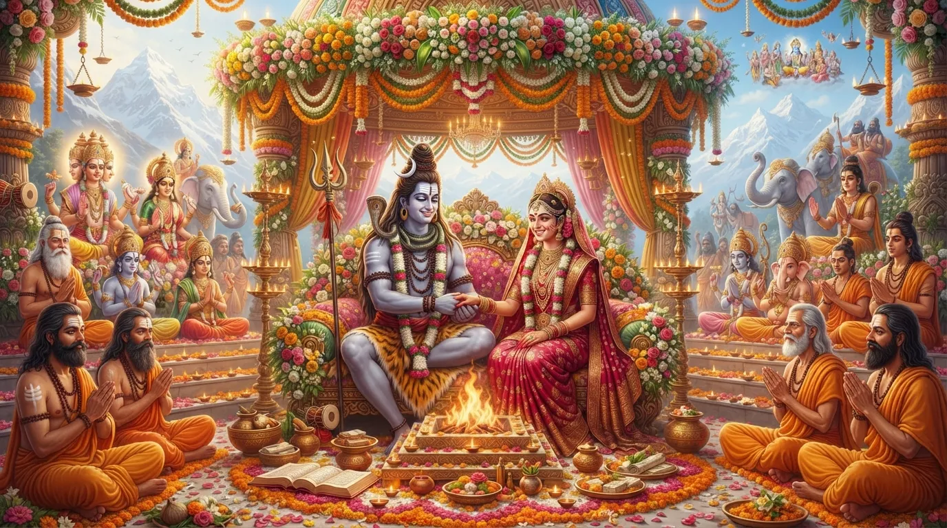 Bhagwan Shiv aur Mata Parvati ke vivah ka ek sundar chitra, jo unke milan ki pawan khushi ko dikha raha hai.