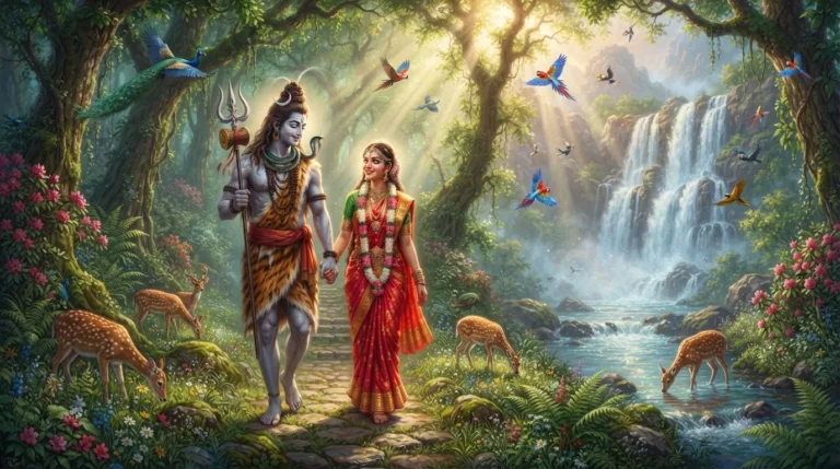 Beautiful Shiv Parvati images love walking through a lush green spiritual forest.