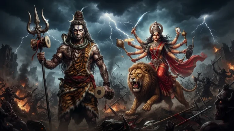 Powerful image of Lord Shiva and Goddess Parvati in a dynamic pose with weapons, ready to defend righteousness.