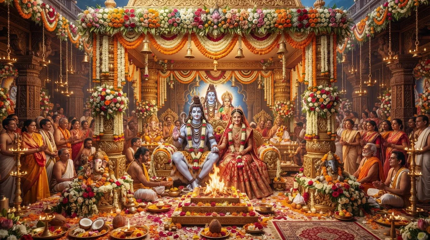 Beautifully decorated wedding mandap for Shiva and Parvati's divine union.
