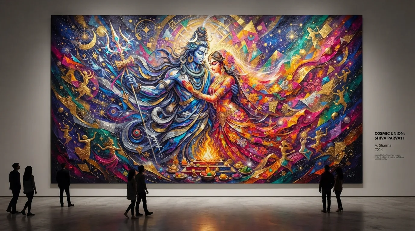 Modern art representation of Shiva and Parvati's wedding, using abstract elements and vibrant colors.