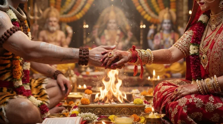 Detailed close-up of Shiva holding Parvati's hand in Hindu wedding ritual.