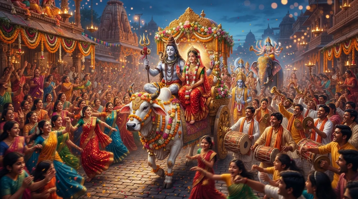 A grand procession accompanying Shiva and Parvati during their wedding.