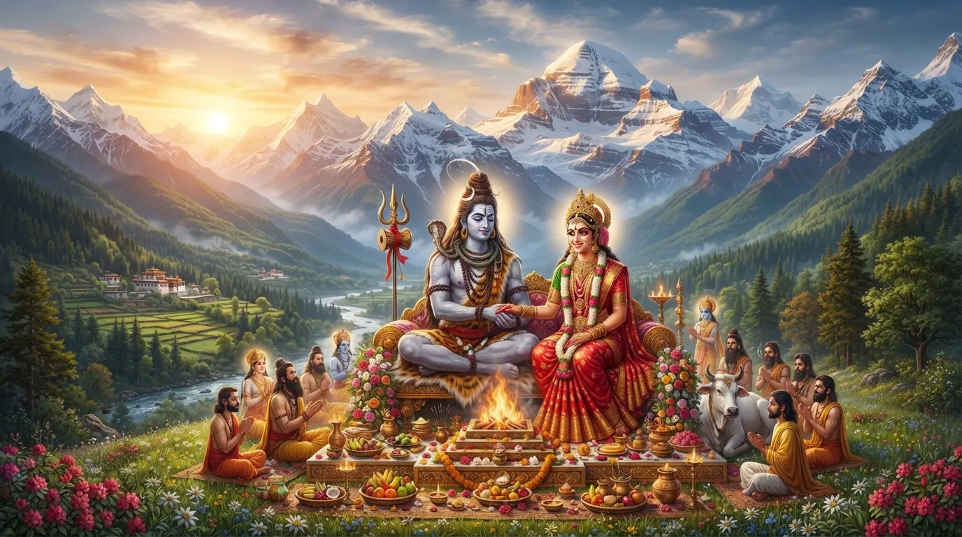Image depicting the wedding of Shiva and Parvati with the Himalayas in the background.