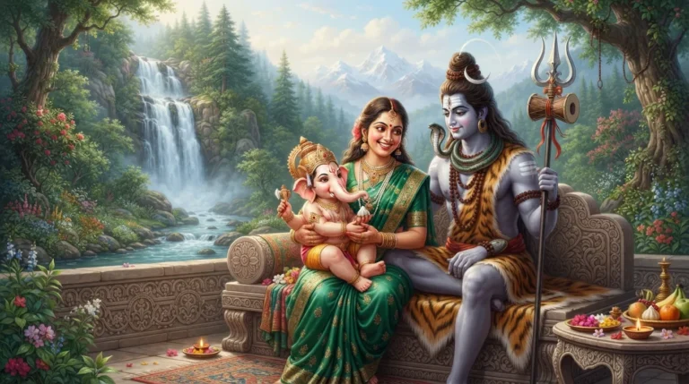 Shiv Parvati and Ganesha together, with Ganesha seated on Parvati's lap. Shiv is seen holding a trident and Parvati has a lotus in her hand. This image is perfect for a blog post about Hindu deities and family values.