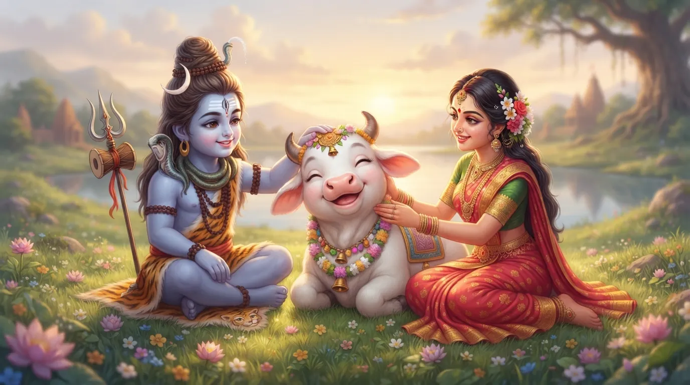 A heartwarming and very cute cartoon image of Lord Shiva and Goddess Parvati happily petting a small, adorable white bull named Nandi. The image focuses on joy and gentleness.
