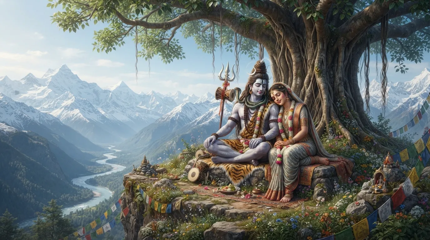 Lord Shiva and Parvati seated in serene nature, Himalayas, for DP