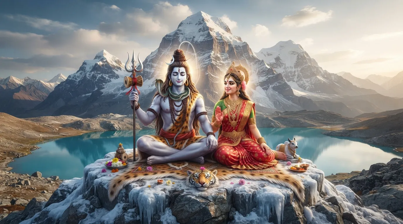 A serene and beautiful depiction of Shiv Parvati in their heavenly abode, Kailash Parvat, surrounded by mountains and a sparkling lake.