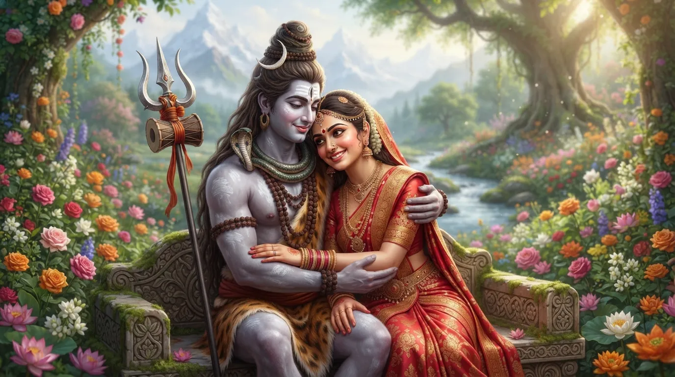 A heartwarming image of Shiv Parvati in a loving embrace, symbolizing their eternal bond and affection.