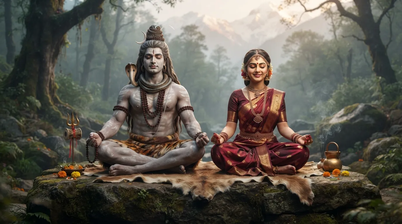 An enchanting image of Shiv Parvati sitting in a meditative pose with their eyes closed, radiating tranquility and spiritual energy.