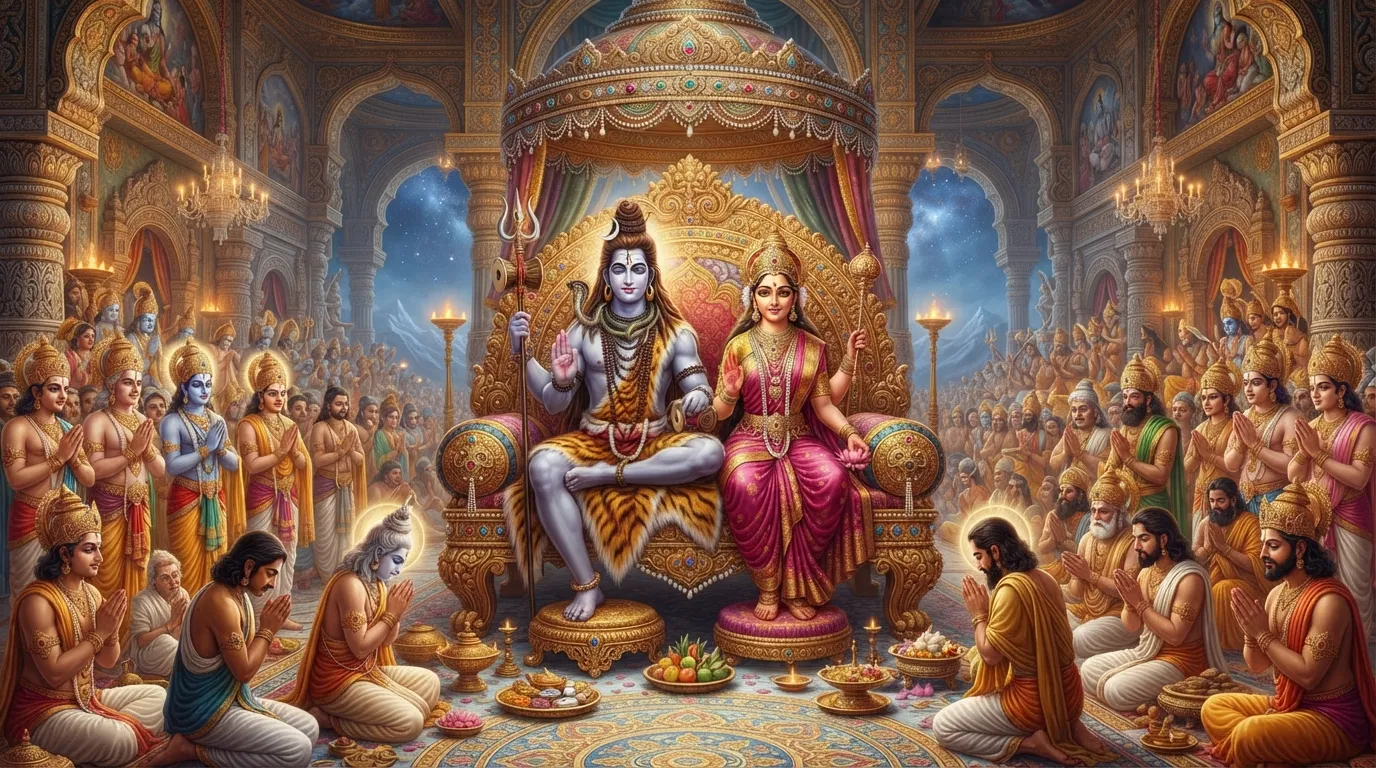 A grand image of Shiv Parvati seated on a throne in a royal court, surrounded by attendants and divine beings, symbolizing their role as the rulers of the universe.