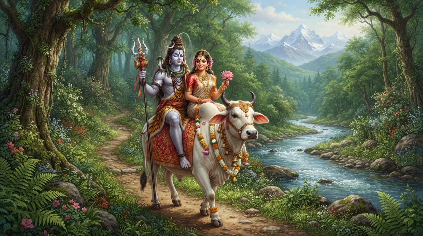 A powerful image of Shiv Parvati riding Nandi, the sacred bull, symbolizing their command over the natural world.