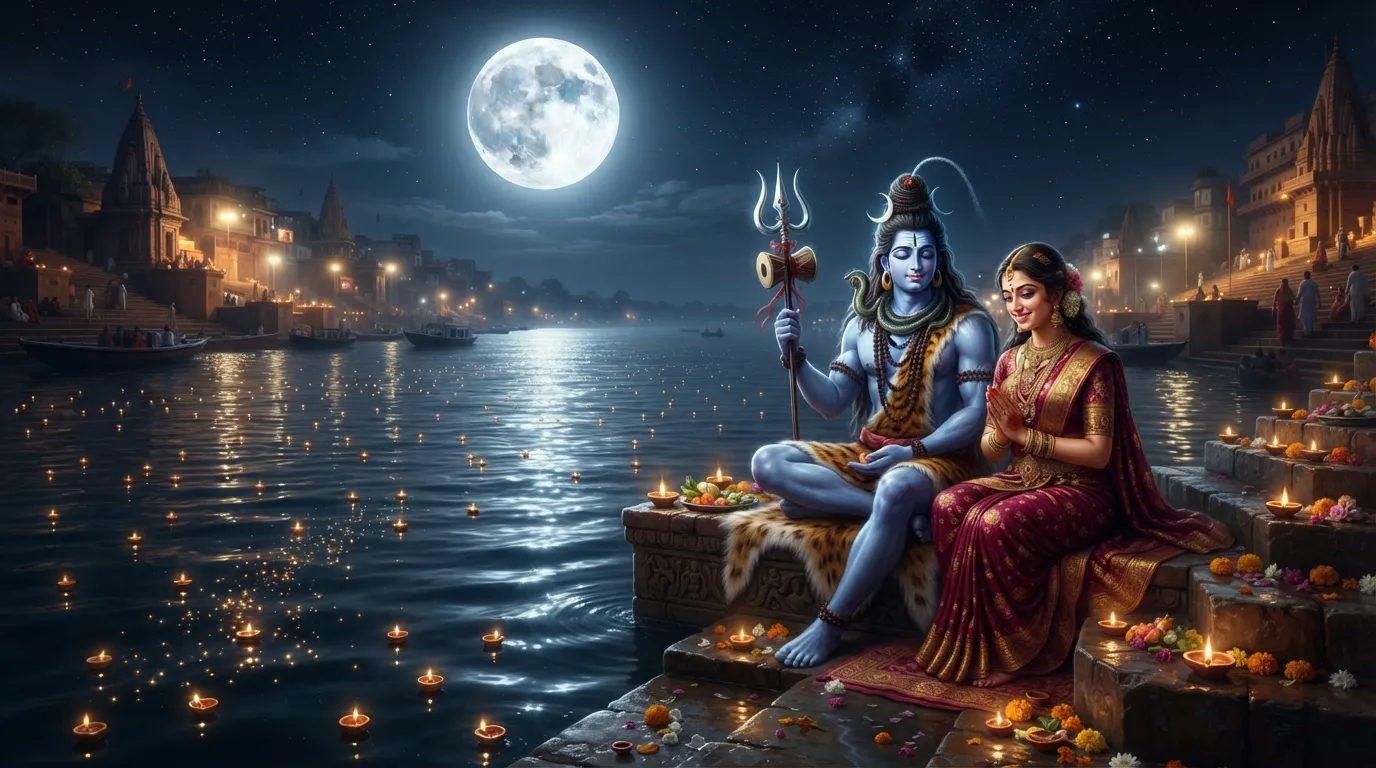 Ethereal night wallpaper of Shiva and Parvati sitting by a glowing river under a full moon.