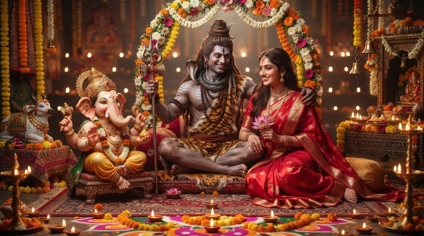 A charming image of Shiv Parvati with their son, Lord Ganesha, portraying a happy and harmonious family portrait.
