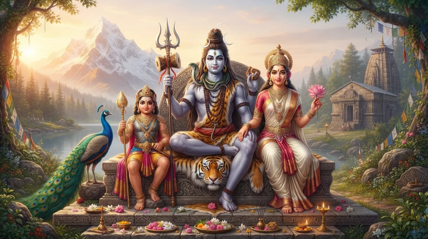 A divine family portrait featuring Shiv, Parvati, and their son, Lord Kartikeya, symbolizing the strength and valor of the family.