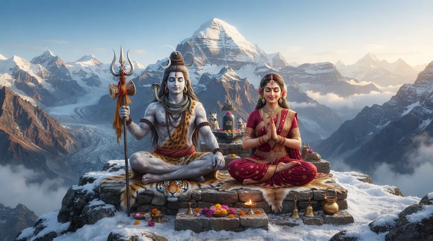 A majestic image of Shiv and Parvati seated on Mount Kailash, representing the spiritual center of the universe. They are surrounded by snow-capped peaks and are depicted in a meditative state.