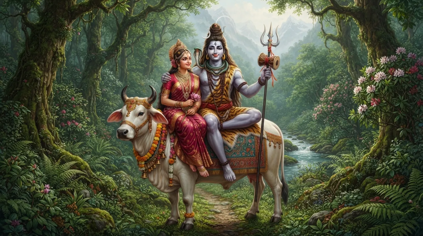 A beautiful image of Shiv and Parvati seated on Nandi, the bull. They are depicted in a natural landscape, with a lush green forest in the background. This image is a perfect representation of the relationship between gods and their vehicles.