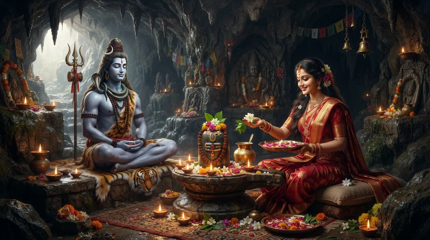 A serene image of Shiv and Parvati seated beside a Shivling, representing the ultimate reality. Parvati is offering flowers to the Shivling, while Shiv is in a meditative state.