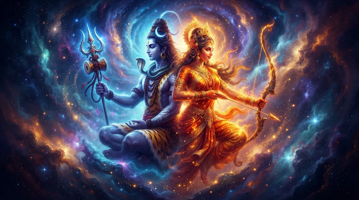 Powerful Shiv Parvati Shakti artwork representing cosmic balance and energy for WhatsApp display picture.
