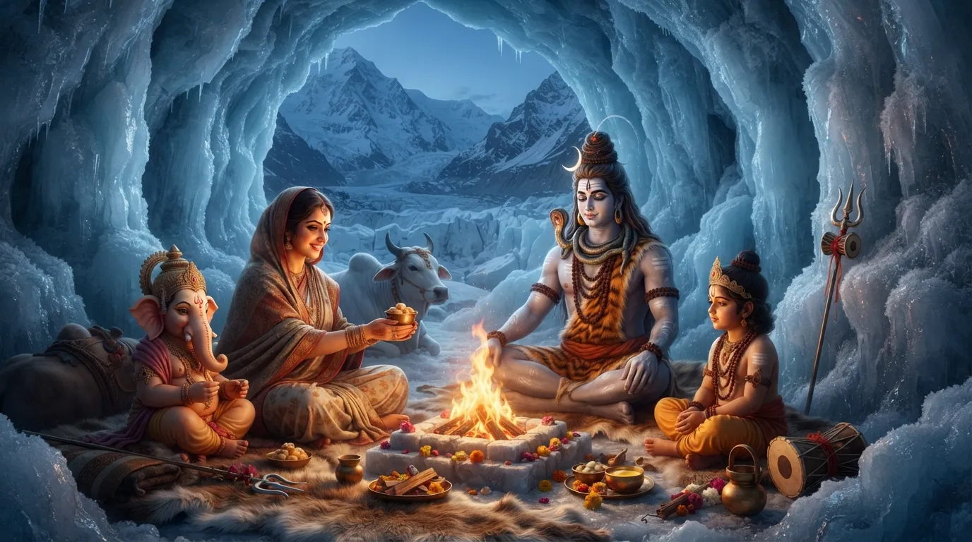 Shiva, Parvati, Ganesha, and Kartikeya gathered around a warm sacred fire amidst icy Himalayan glaciers.