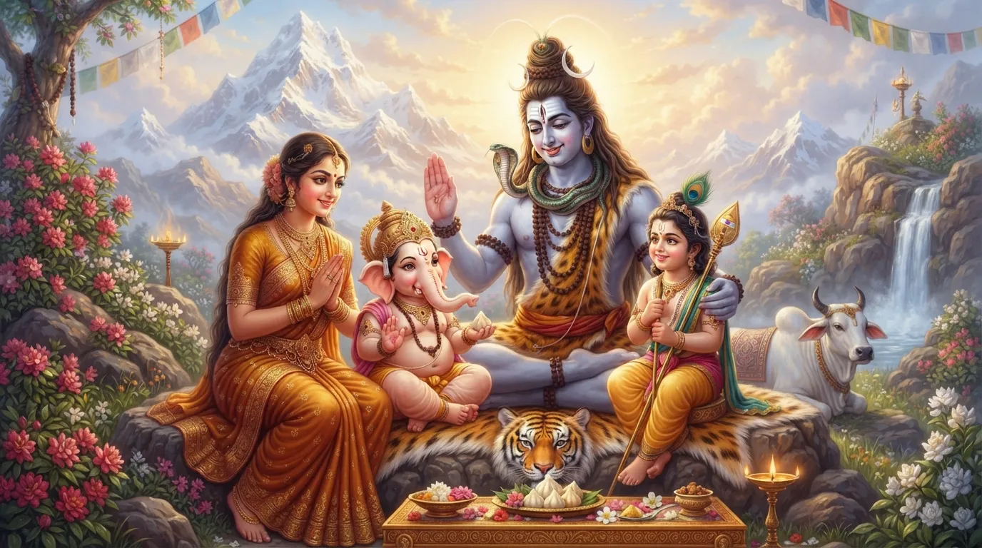 Lord Shiva blessing young Ganesha and Kartikeya, divine family Mahadev wallpaper HD 4K phone background.