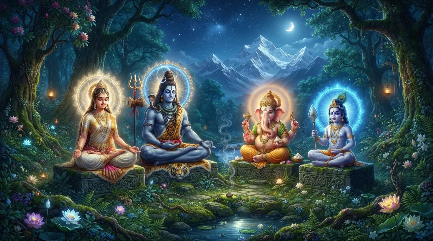 Peaceful Shiva family meditating together surrounded by ancient trees and glowing spiritual energy.