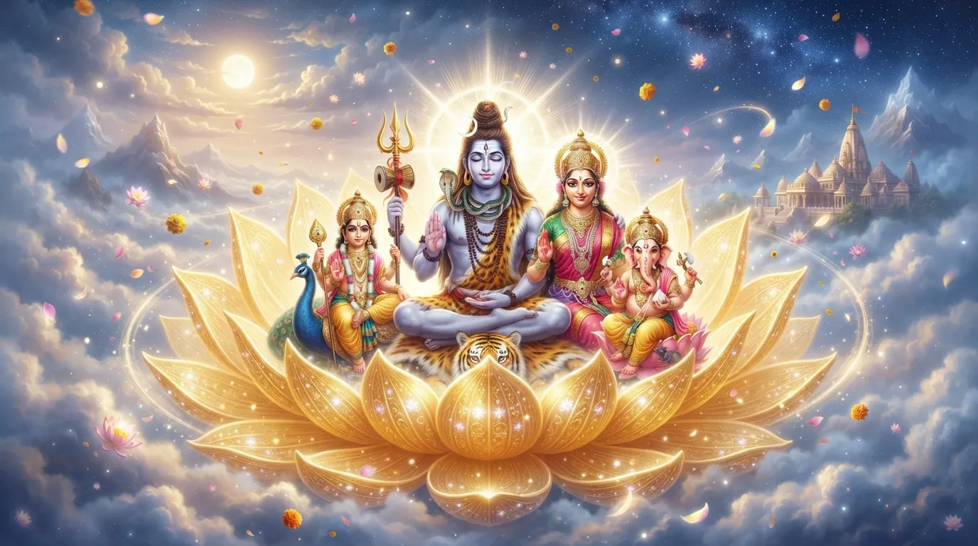 Lord Shiva family seated elegantly on a giant blooming golden lotus in the spiritual sky.