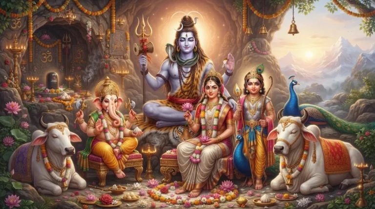 Lord Shiva with Parvati, Ganesha, Kartikeya, Nandi, and sacred symbols in a mountain setting.