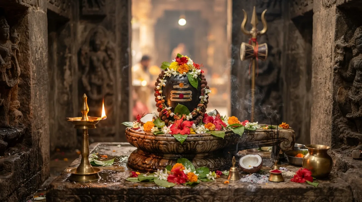 A beautifully decorated Shiva Lingam in a serene temple setting with offerings.
