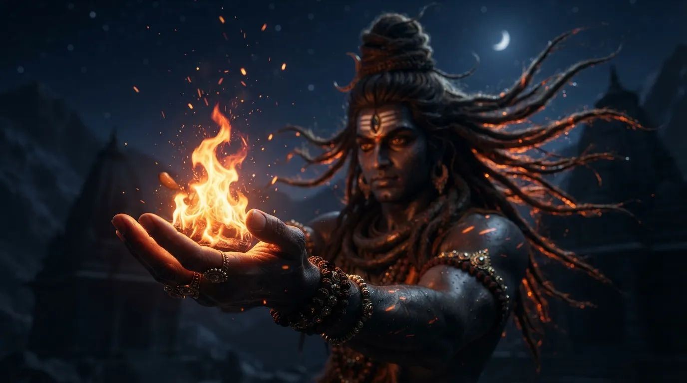 Nataraja dance image focusing on Shiva's upper left hand holding the divine flame of transformation and destruction.